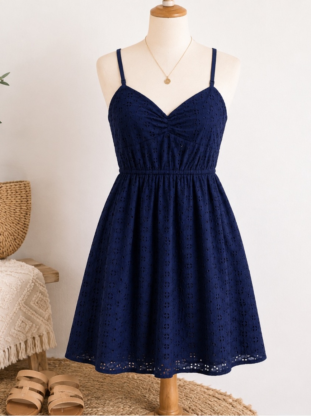 J.Crew Navy Eyelet Sundress Women’s M Sweetheart Fit & Flare Mini Dress